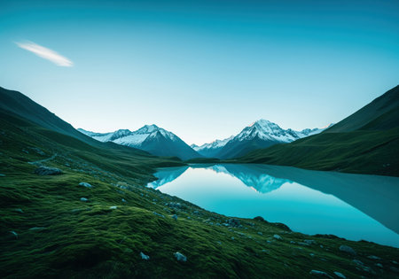 Serene turquoise alpine lake perfectly reflecting snow capped mountains and lush green slopes under a clear blue sky. tranquil natural landscape emphasizing clarity and beauty.の素材