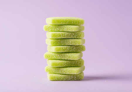 Neatly stacked pile of bright lime green, sugar coated, rectangular gummy candies presented in a clean studio shot against a light purple background. represents sweetness, dessert, and indulgence.の素材