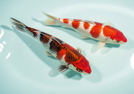 Two brightly colored japanese koi fish, a sanke and a kohaku, swimming in clear, light blue water, captured from an overhead perspective. symbolizes tranquility, wealth, and good fortune.の素材