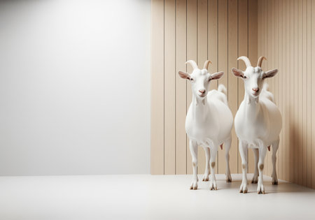 Two white goats with horns stand side by side, facing forward in a bright, clean studio. the background features a white wall and light wooden paneling, providing copy space.の素材