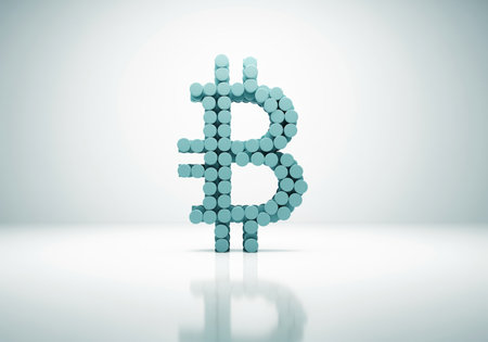 Stylized digital currency symbol, resembling the bitcoin logo, constructed entirely from small blue cylindrical shapes. clean, high key studio setting with a reflective white floor, representing finance, technology, and investment.の素材