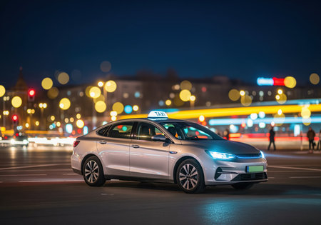 Silver modern taxi car driving through a bustling urban street at night. bright headlights illuminate the foreground, contrasting with the dark sky and vibrant city bokeh lights.の素材