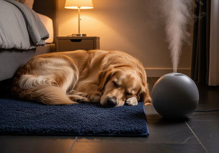 A peaceful golden retriever dog rests comfortably on a rug while a modern humidifier releases steam, promoting relaxation and better air quality indoors.の素材