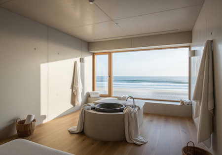 Elegant minimalist spa room interior designed for relaxation, featuring a modern stone soaking tub, light wood floors, and a large window overlooking a pristine beach.の素材