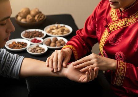 A chinese medicine doctor in traditional red attire checks a patient pulse for diagnosis, with various herbal ingredients displayed nearby.の素材