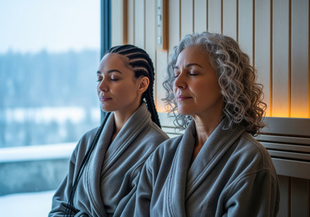 Two diverse women, one young and one mature, sit with eyes closed in gray bathrobes, enjoying a moment of peaceful meditation and relaxation at a high end spa.の素材
