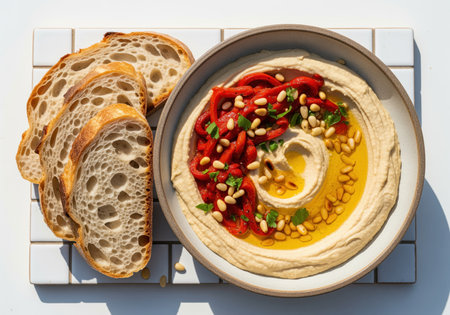Overhead view of creamy whipped hummus garnished with roasted red peppers, pine nuts, and olive oil, served with slices of crusty artisan bread. perfect for healthy eating concepts or mediterranean cuisine promotion.の素材