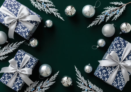 Overhead view of festive gifts wrapped in navy paper with silver ribbons, arranged with shiny baubles and winter foliage on a rich green surface. ideal for seasonal design.の素材