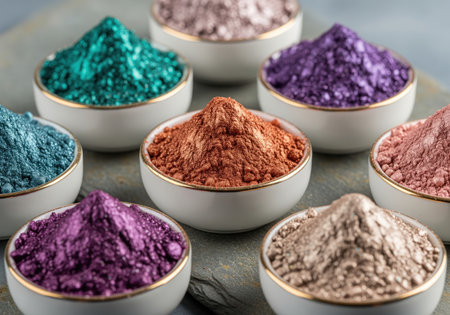 A close up view of colorful metallic mica pigment powders piled high in small white bowls, showcasing vibrant shades for cosmetic formulation and makeup creation.の素材
