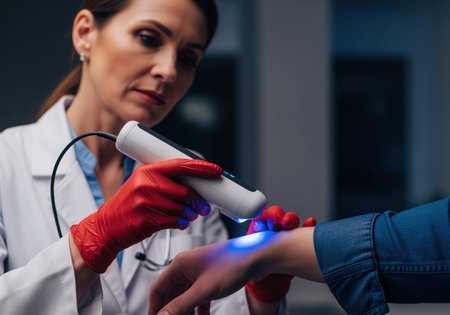 A female dermatologist wearing red gloves and a white coat uses a handheld diagnostic device emitting blue light to examine the skin on a patient forearm. this illustrates modern dermatological screening and medical technology.の素材