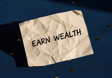 A close up shot of a wrinkled piece of paper displaying the handwritten motivational message EARN WEALTH. useful for finance, business, and success concepts.の素材