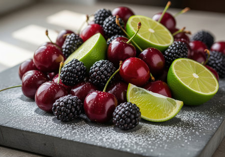 A vibrant, abundant arrangement of ripe red cherries, dark blackberries, and bright green lime slices, perfect for promoting healthy food, desserts, or beverage recipes.の素材