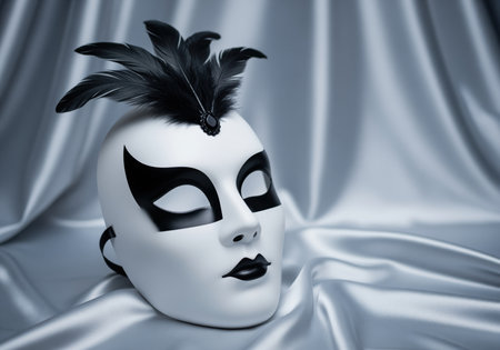 Mysterious and elegant full face mask in a monochrome palette, adorned with black feathers and bold makeup, perfect for carnival or theater themes.の素材
