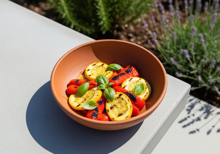 A healthy side dish featuring grilled yellow squash and red peppers with char marks, garnished with fresh basil in an earthy terracotta bowl.の素材