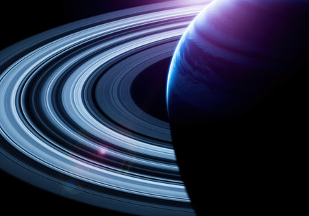 A dramatic, close up depiction of a massive blue gas giant planet featuring an intricate system of bright, icy rings against the blackness of space. ideal for science fiction, astronomy, or cosmic themes.の素材