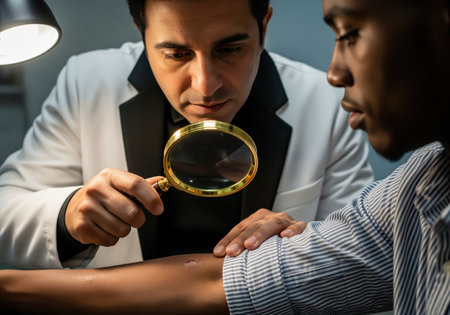 A medical professional uses a magnifying glass and bright light to inspect a small injury on a patient dark skin forearm during a detailed examination.の素材