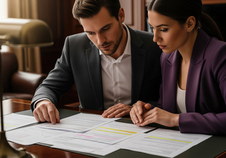 Two focused colleagues, dressed in business attire, intently review legal contracts and paperwork together on a desk in a sophisticated office. perfect for finance or legal concepts.の素材