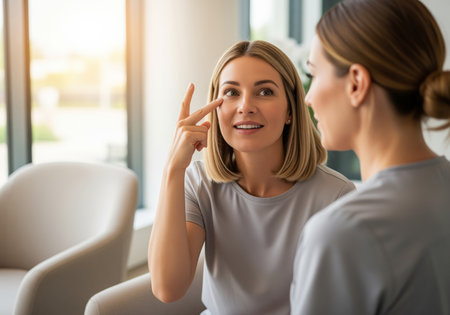 A blonde woman points to her eye area while discussing symptoms or cosmetic options with a female professional in a bright, modern office setting.の素材