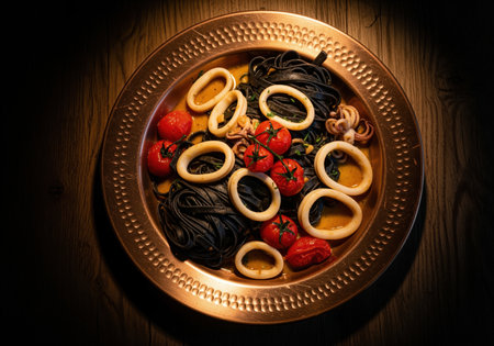 Gourmet black squid ink tagliatelle served with tender calamari rings and vibrant cherry tomatoes on a decorative copper plate, presented dramatically.の素材