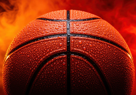 Intense close up of an orange basketball surface covered in glistening water droplets, set against a dramatic red and orange background. perfect for sports marketing and action themes.の素材