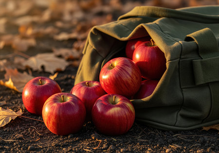 A bounty of ripe, striped red apples spills out of a sturdy green bag onto the dark earth, highlighted by warm, low sunlight. this scene captures the essence of the autumn harvest season.の素材