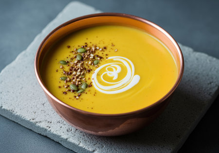 A close up of rich, creamy golden squash soup served in a polished copper bowl. it is elegantly garnished with a swirl of cream, pumpkin seeds, and chopped nuts, emphasizing healthy gourmet dining.の素材