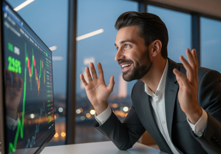A successful trader reacts with excitement and raised hands to positive stock market results displayed on his computer monitor during the evening.の素材