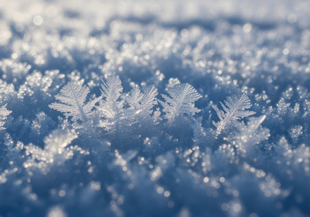 Intricate surface hoar crystals shine brightly under the low winter sun, creating a beautiful, sparkling texture of ice and snow.の素材