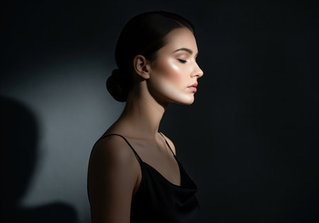 Elegant profile portrait of a beautiful young woman with sophisticated makeup and hair bun, dramatically lit to emphasize glowing skin and high fashion style.の素材