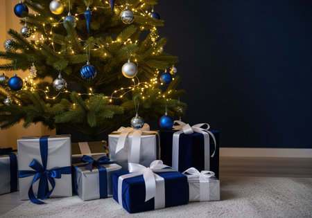 Festive holiday scene showing a decorated christmas tree illuminated by warm lights, with a collection of elegant blue and silver wrapped gifts underneath.の素材
