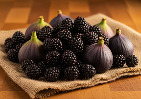 Fresh, ripe blackberries and dark purple figs are piled together on a piece of rustic burlap fabric, emphasizing healthy eating, natural sweetness, and harvest themes.の素材