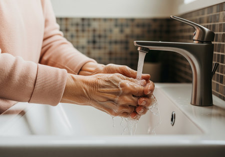 Wrinkled hands of a senior woman washing thoroughly with soap and running water in a clean bathroom sink. essential image for promoting health, hygiene, and cleanliness.の素材