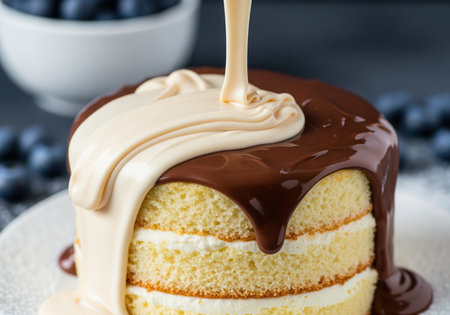 A rich, layered vanilla sponge cake is being simultaneously covered with streams of dark chocolate and creamy white ganache, creating a decadent dessert.の素材