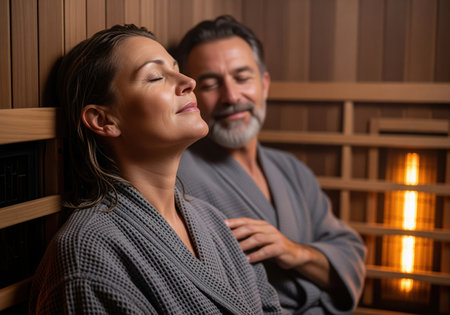 A happy mature couple enjoys a relaxing wellness session inside a wooden infrared sauna. they are wearing robes, embracing the warmth and intimacy of the spa experience.の素材