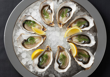 Eight fresh raw oysters are perfectly shucked and arranged on a bed of crushed ice, garnished with bright lemon wedges and dill, ideal for luxury seafood dining concepts.の素材