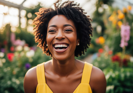 A close up portrait of a beautiful african american woman with natural curly hair, dressed in yellow, laughing heartily outdoors. she conveys happiness, health, and positive emotion.の素材