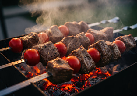 Close up view of shish kebab skewers loaded with large meat chunks and whole tomatoes grilling over glowing charcoal, emphasizing the smoke and heat.の素材