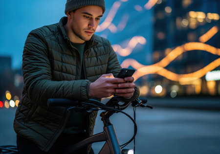 A focused young man wearing a jacket and beanie pauses his bike ride in the city at night to check his mobile phone. the screen light illuminates his face.の素材