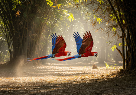 Two vibrant scarlet macaws soar through the air, showcasing their striking red bodies and wide blue wings in dynamic, synchronized flight.の素材