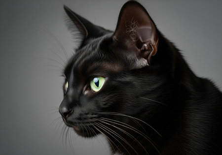 This stunning side profile captures the sleek beauty of a black cat, highlighting its glossy fur and mesmerizing bright green eyes. ideal for themes of mystery, elegance, and feline companionship.の素材