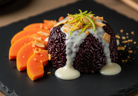 Delicious gourmet dessert featuring a mound of black sticky rice drizzled with rich coconut cream, garnished with lime zest, and served alongside vibrant orange papaya slices on a dark slate.の素材