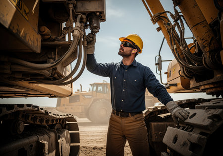 A focused construction worker wearing safety gear inspects the complex hydraulic lines and components of a large yellow excavator at a dusty job site.の素材