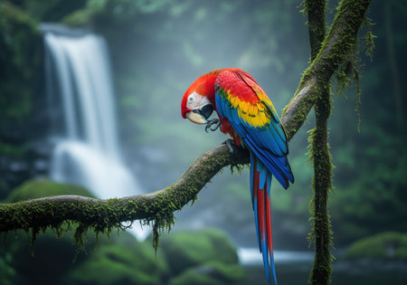 A beautiful scarlet macaw with brilliant red, yellow, and blue feathers rests on a mossy branch in a dense, humid rainforest. a soft waterfall flows in the misty background.の素材