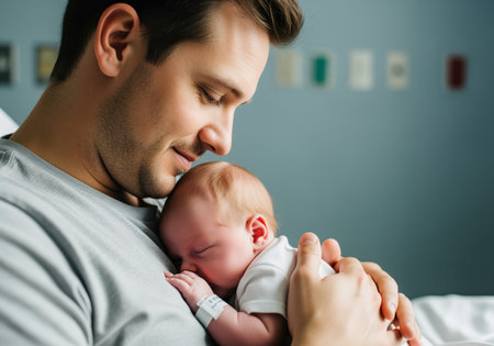 A proud father smiles tenderly while holding his newborn baby sleeping peacefully against his chest in the hospital room. this intimate moment captures the joy of new parenthood and bonding.の素材