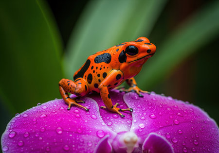 Close up of a vibrant orange and black poison dart frog resting on a dew covered magenta orchid petal. this striking tropical wildlife scene highlights biodiversity.の素材