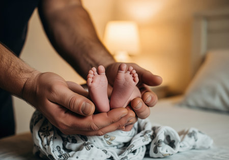 The protective hands of a father gently hold the tiny, delicate feet of his newborn baby, illustrating family love, bonding, and new parenthood.の素材