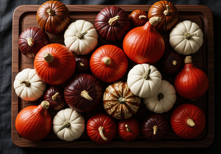 A tightly packed arrangement of diverse miniature pumpkins and gourds, featuring vibrant orange, deep maroon, and creamy white varieties, perfect for seasonal decoration or harvest themes.の素材