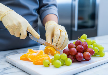 Close up of hands wearing protective yellow gloves using a knife to slice fresh orange segments next to red and green grapes on a cutting board. this highlights food safety and healthy eating preparation.の素材