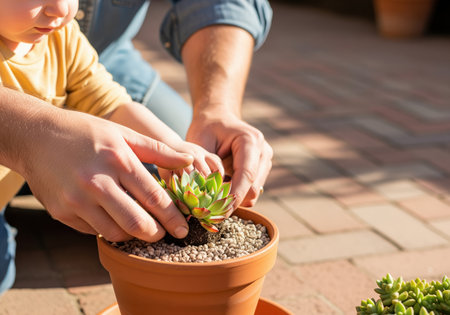 Close up shot of adult and toddler hands collaborating to plant a vibrant green succulent into a clay pot, symbolizing family connection and outdoor activity.の素材