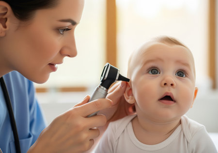 Close up of a doctor performing an ear examination on a young infant with an otoscope during a well baby checkup at the clinic.の素材